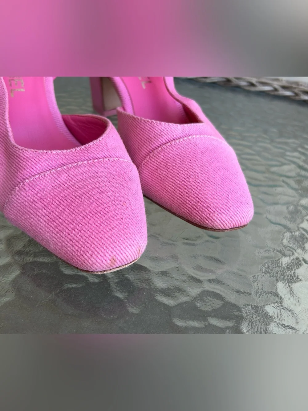 CHANEL Pink Denim CC Slingback Heels sz 37 US 6.5